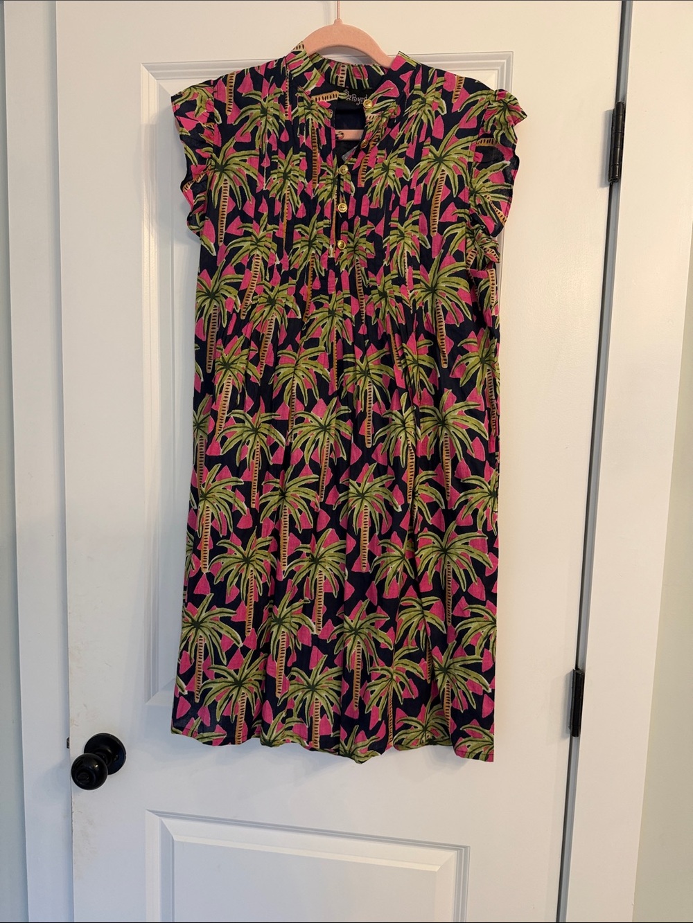Liza Byrd Navy Dress with Pink & Green Palm Pattern